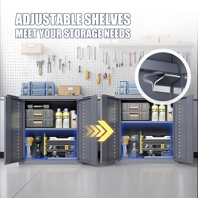 Metal Garage Storage Cabinet Industrial Style Tool Cabinets with 2 Doors and Adjustable Shelf Wall Mounted Steel Hanging Cabinet for Warehouse Basement Kitchen Laundry - Assembly Required