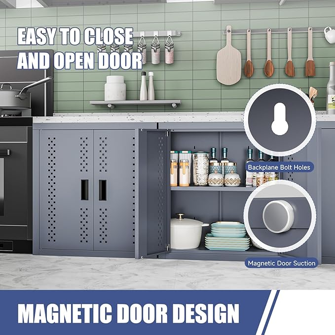 Metal Garage Storage Cabinet Industrial Style Tool Cabinets with 2 Doors and Adjustable Shelf Wall Mounted Steel Hanging Cabinet for Warehouse Basement Kitchen Laundry - Assembly Required