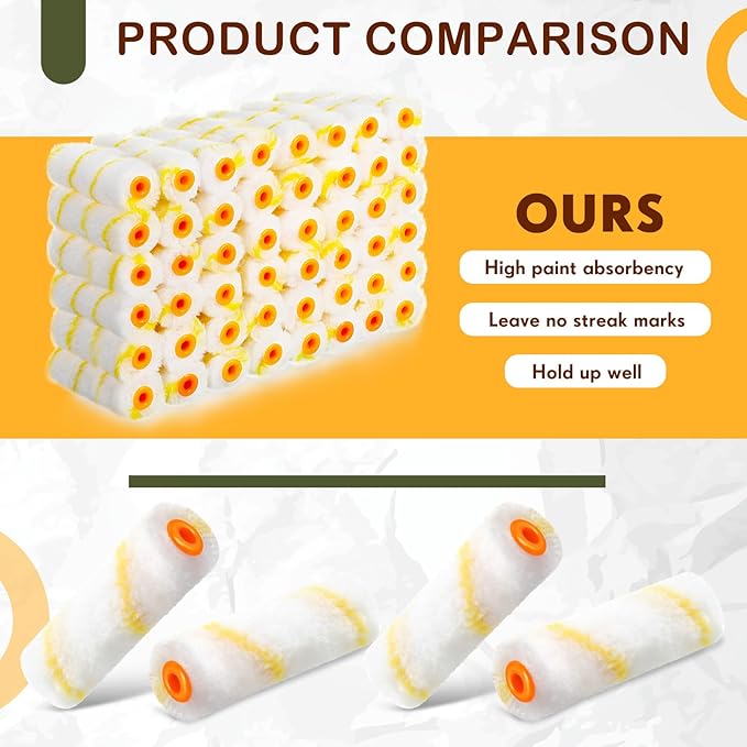 Leumoi 200 Pcs 4 Inch Mini Paint Roller Bulk Small Microfiber Roller Cover 1/2" Nap for Paint Brush for House Painting Supplies DIY Craft Home Wall Repair Tool Kit Set(Yellow)