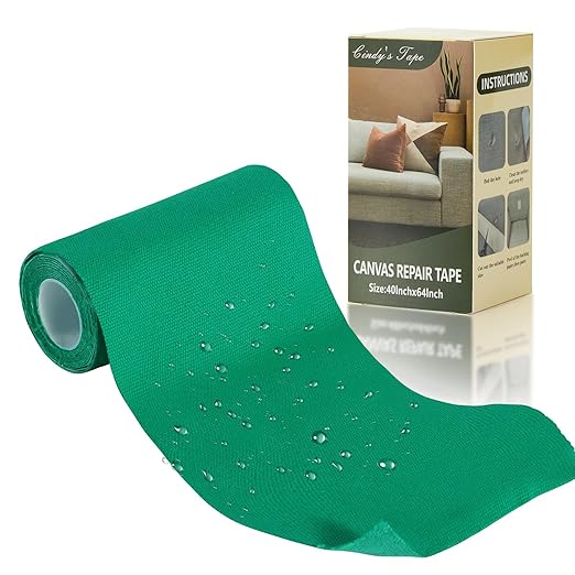 Canvas Repair Tape, 4×63 Inches Green Waterproof Self-Adhesive Patch for Outdoor Gear, Durable and Weatherproof Fabric Tape for Boat Covers, Tents, Couch, Sofas, Sun Shades, Awnings, and Lounge Chairs