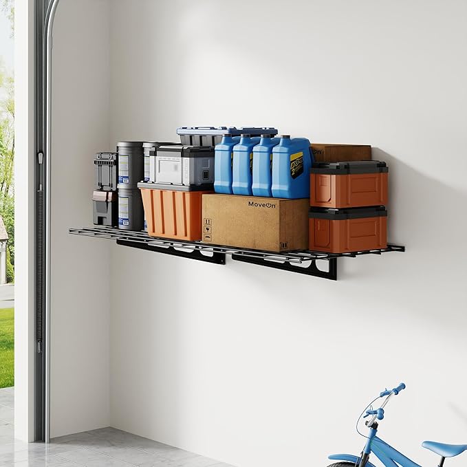 FLEXIMOUNTS 2x4ft Garage Shelving Wall-Mounted, 1-Pack Heavy-Duty Wall Shelving, Holds Up to 200 lbs, Garage Storage Rack for Organization & Storage Bins, Black
