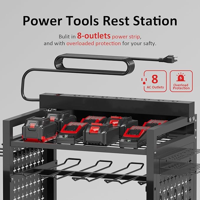 Power Tool Organizer Cart with 8 Power Outlet & Adjustable Storage, Garage Workshop Tool Box Cart, Gifts for Men
