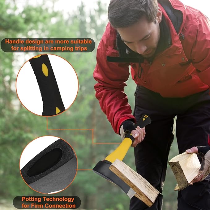 Wood Axe With Sheath - Camping Hatchet for Chopping and Splitting, Outdoor Bushcraft Tool for Hiking, Gardening, Throwing - Anti-Slip Handle (Yellow)