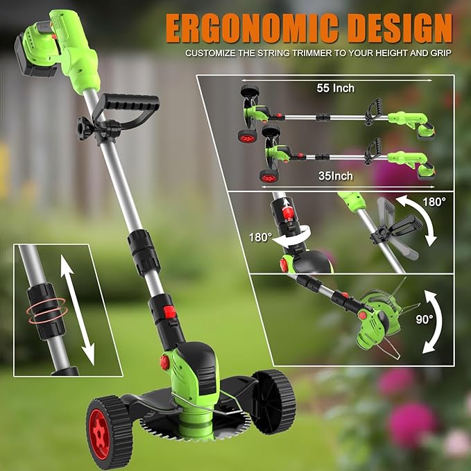 Cordless Electric Weed Wacker Battery Powered, 21v Lightweight Weed Trimmer Eater With 2 4.0Ah Battery Operated & Charger & Wheels & Shears, 3 In1 Grass Trimmer/Brush Cutter/Lawn Edger for Yard Garden