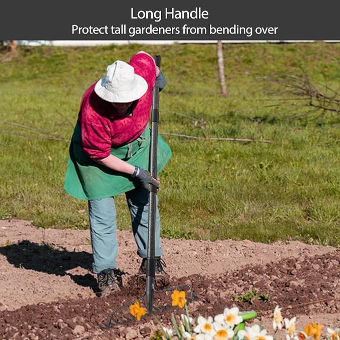 Thatch Rakes for Lawns, Heavy Duty Metal Garden Rake with 17 Prongs, Adjustable Yard Rock Rake for Gardening Loosening Soil, Long Handle 60 Inches