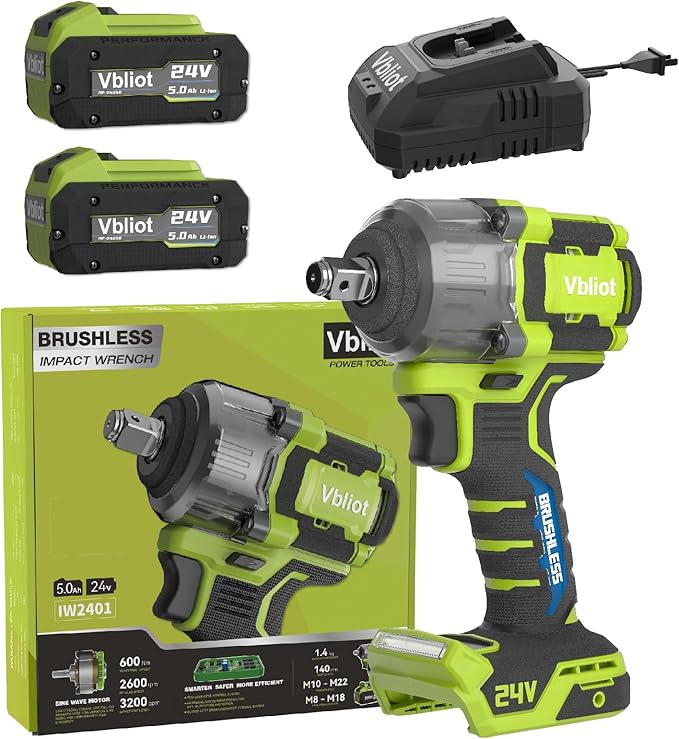 24V Cordless Impact Wrench, 450Ft-lbs(600N.m) Brushless Electric Wrench Kit with 3-Mode speed, Fast Charger and 2×5Ah Li-Ion Battery,Power Cmpact Driver with LED Light for Car Truck(IW2401)