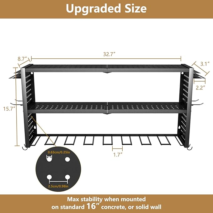 Power Tool Organizer Wall Mount, 3 Layer Heavy Duty Garage organizer Loads 260lbs, Tool Organizers with 8 Drill Hanger, Battery Tools Holder Garage Storage Organization for Workbench, Pegboard, Shed