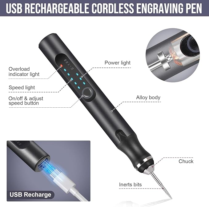Electric Engraving Pen with 37 Bits, USB Rechargeable Cordless Engraving Machine, Portable DIY Rotary Engraver for Jewelry Wood Glass Stone Carving, Black
