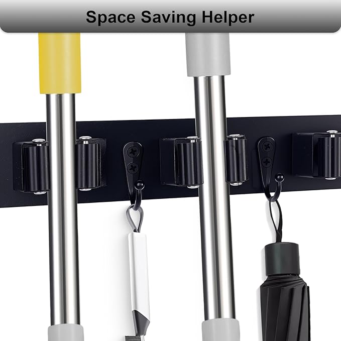 Broom Holder Wall Mount With 5 Slots & 4 Hooks,Rustic Wood Broom & Mop Hanger,Wall Mounted Garden & Garage Tool Storage Organizer Rack for Closet Laundry Room or Kitchen Wall Decor Black
