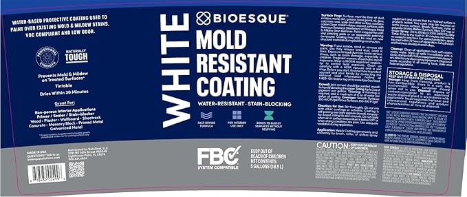 Bioesque Mold Resistant Coating, Water-Resistant, Stain-Blocking, Fast-Drying Formula, White, 5 Gallon (Pack of 1)