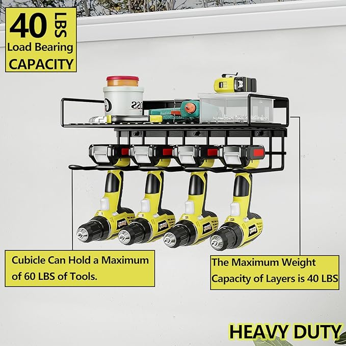 AZERPIAN Tool Organizer Heavy Duty Power Wall Mount for Drill and Cordless Tools Heavy Duty Rack for Garage Organization Workshop Pegboard (1 Layers 4 Slots)
