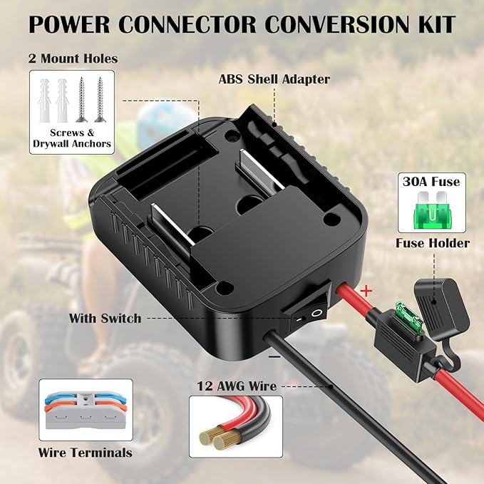 Battery Adapter for Power Wheel Adapter Compatible with Makita 18V Battery, Power Conversion Kit for DIY RC Toy Cars, Power Tool, Battery Connector with Switch & Fuse, 12AWG Wire, Wire Terminal