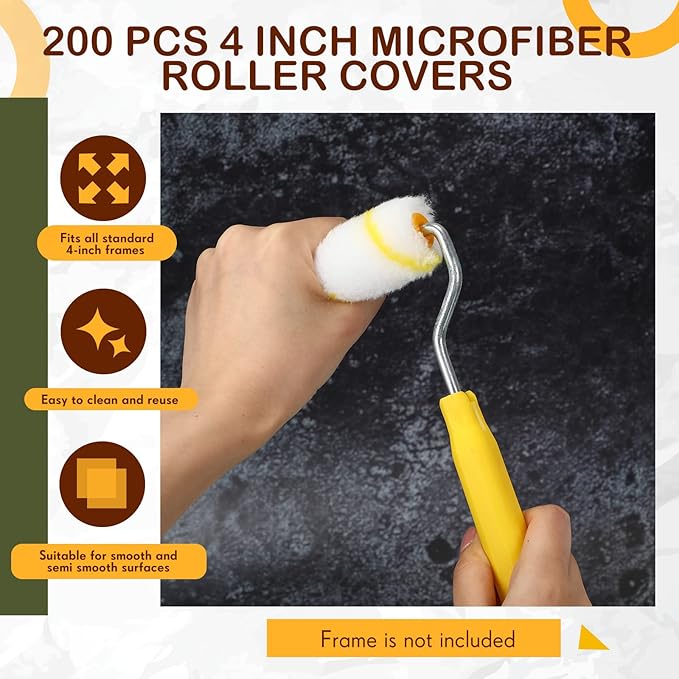 Leumoi 200 Pcs 4 Inch Mini Paint Roller Bulk Small Microfiber Roller Cover 1/2" Nap for Paint Brush for House Painting Supplies DIY Craft Home Wall Repair Tool Kit Set(Yellow)