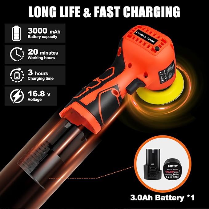 16.8V Cordless Electric Sander with 36PCS Sandpapers, 3500 RPM, 3.0Ah Battery, Lightweight & Compact Design for Wood, Metal, Paint Removal, and DIY Projects