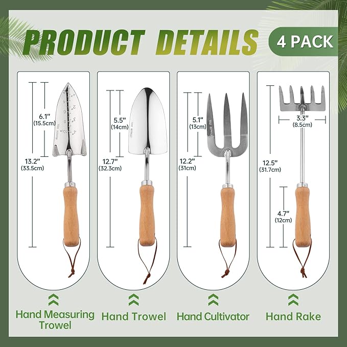 Heavy Duty Garden Tool Set, Stainless Steel Graduated Shovel, Hand Fork, Hand Rake, Transplant Shovel with Scale, 4Pcs Heavy Duty Hand Tools Set for Garden Planting (Garden Hand Tool Set)