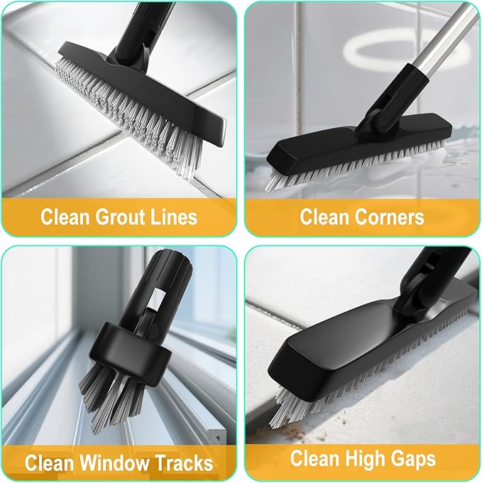 ITTAHO 2 Pack Grout Brush with Long Handle, Swivel Cleaning Grout Line Scrubber - Extendable Durable Handle Grout Cleaner Brush for Bathroom,Tile,Baseboard,Walk in Shower,Corner & Narrow Space (Black)