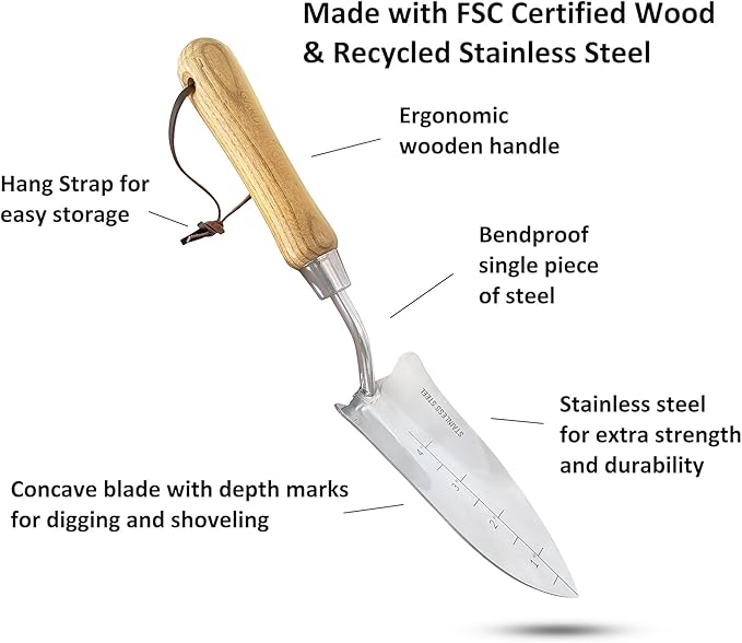 Garden Guru Eco Transplanter Trowel Shovel- 100% Recycled Stainless Steel - Rust Resistant - FSC Certified Wood Ergonomic Handle - Perfect Tool for Gardening Weeding Transplanting and Digging