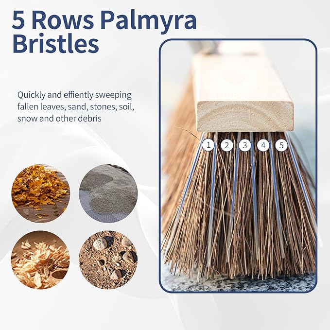18" Push Broom Outdoor Heavy Duty - 65" Long Handle Large Wide Shop Broom, Commercial Stiff Palmyra Bristle Outside Broom Brush for Sweeping Concrete Floor, Garage, Patio, Shop, Yard, Lawn