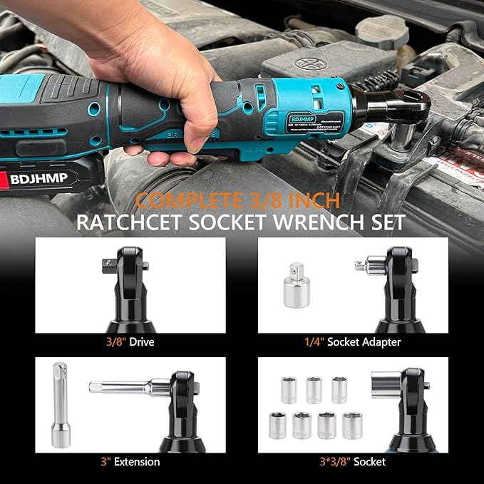 3/8'' Cordless Ratchet Wrench, 74FT-LBS (100N.m) Electric Ratchet with 21V 2 X 2.0Ah Battery, 400 RPM Chargeable Power Ratchet Driver Set with 8 Sockets,1/4 Adaptor, 3" Extension Bar,Brushless Motor