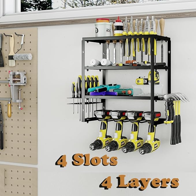 AZERPIAN Tool Organizer Heavy Duty Power Wall Mount for Drill and Cordless Tools Heavy Duty Rack for Garage Organization Workshop Pegboard (3 Layers 4 Slots)