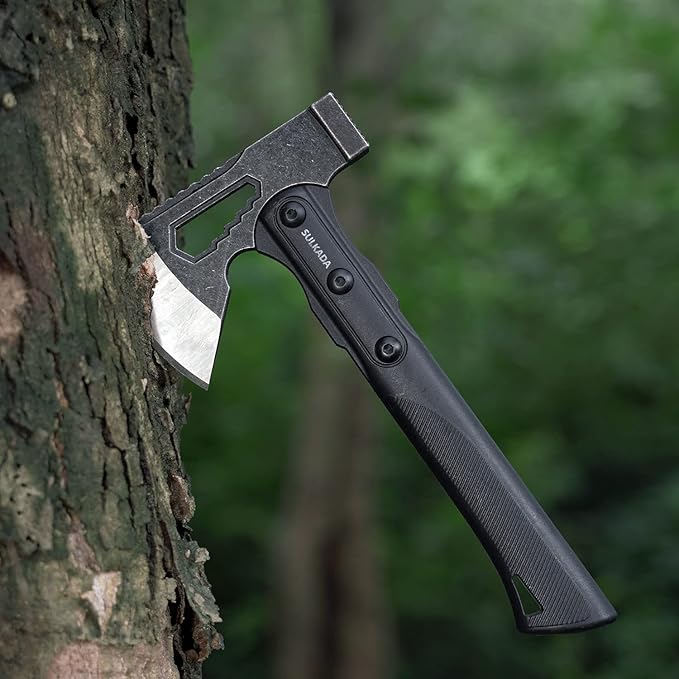 SULKADA Camping Hatchet, 10.5 Inch Survival Axe,Stainless-Steel Blade,Fiberglass Shock Reduction Handle with Anti-Slip Grip, for Chopping Wood,Gardening and Outdoor Survival,Gift for Dad Men