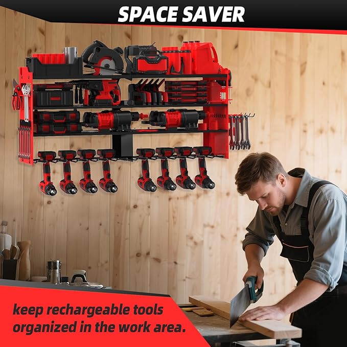 Power Tool Organizer Wall Mount with 8-Drill Holders-400Lbs Load Heavy Duty Metal 4-Layers Garage Storage & Organization Battery Tools Rack with Side Panels Utility Racks Workshop Gifts for Men