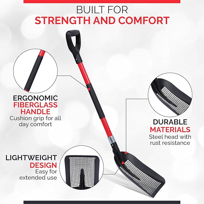 Sand Sifter Shovel - Soil Sifter for Beach, Gardening, Cat Litter, Chicken Coop Scooper and Metal Detecting - Durable Metal Mesh Scoop with Ergonomic Handle Double Grip