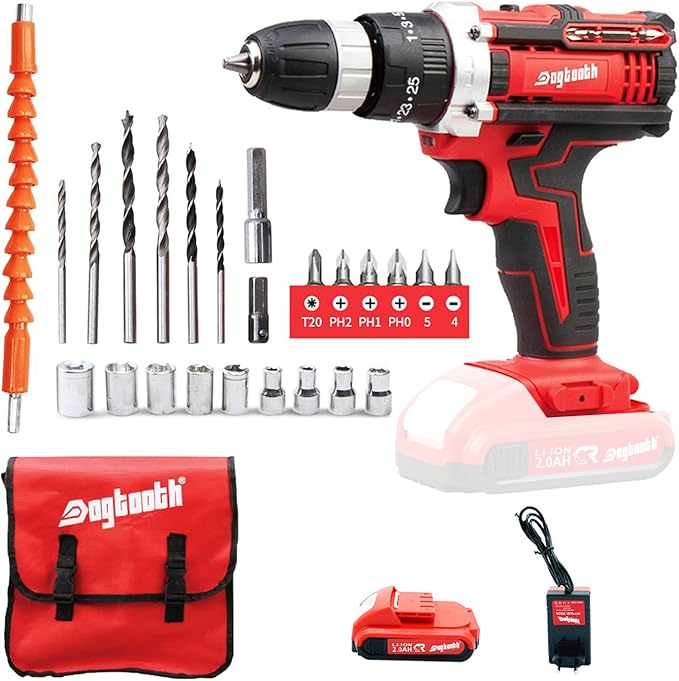 DOGTOOTH 21V MAX Cordless Drill, 1* Battery and Charger, 2 Variable Speed Max 1350 RPM, Build-in LED, 23 Bits, Storage Bag - Red