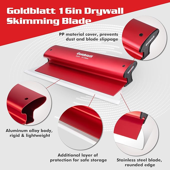 Goldblatt 16 Inch Drywall Skimming Blade, 0.3mm Stainless Steel Blade, Aluminum Body - Rigid Lightweight Drywall Knife with End Caps, Ergonomic Grip, for Mud, Repair Plaster Wall