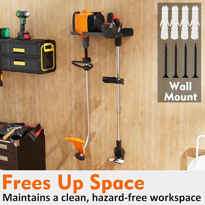 MUTUACTOR Heavy Duty Weed Eater Hanger,Large Opening Garage Organizer Weedeater Rack Wall Mount,Space-Saving Garden Grass Weed Trimmer Rack 2 Slots for Holding Heavy Tools in Shed,Yard or Garden