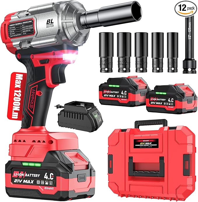 900 ft-lbs (1200 Nm) — Removes Stubborn Rusted Nuts Effortlessly | 21V MAX Cordless 1/2" Brushless Impact Wrench, 2×4.0Ah Batteries, 1.5H Fast Charger, Includes 6 Sockets, for Car/Truck/RV