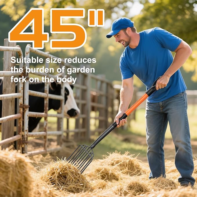 HIGHLIGHT Pitch Fork for Gardening,10 Tines Wide Pitch Fork with Fiberglass Handle, Heavy Duty Pitch Fork for Manure/Bedding/Haystack, 45 Inches