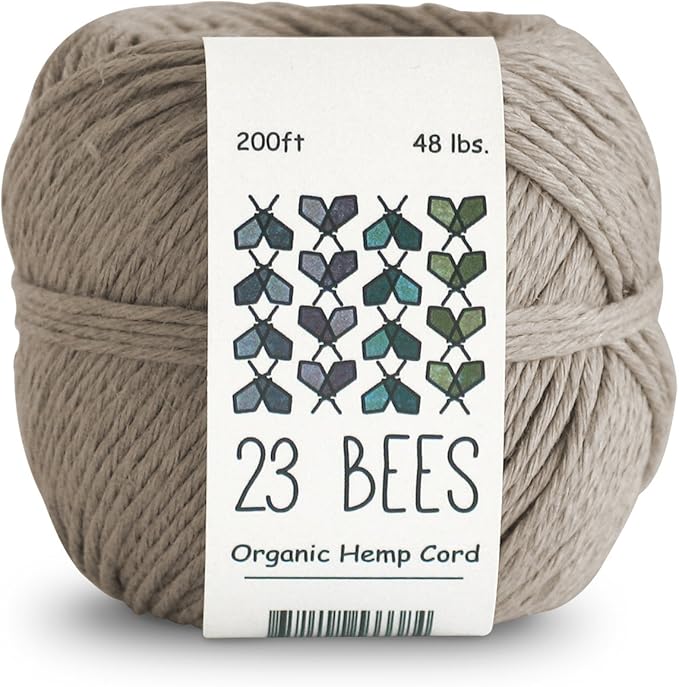 100% Organic Hemp Cord, Twine, String for Jewelry, Beading, Macrame, Crafts, 23 Bees (200ft x 48 lb.) Natural