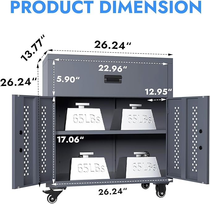KAER Metal Garage Storage Cabinet with Wheels Tool Chest with Drawer 2 Doors and Adjustable Shelf Industrial Style Tool Cabinets for Warehouse Garage Basement Repair Shop - Assembly Required