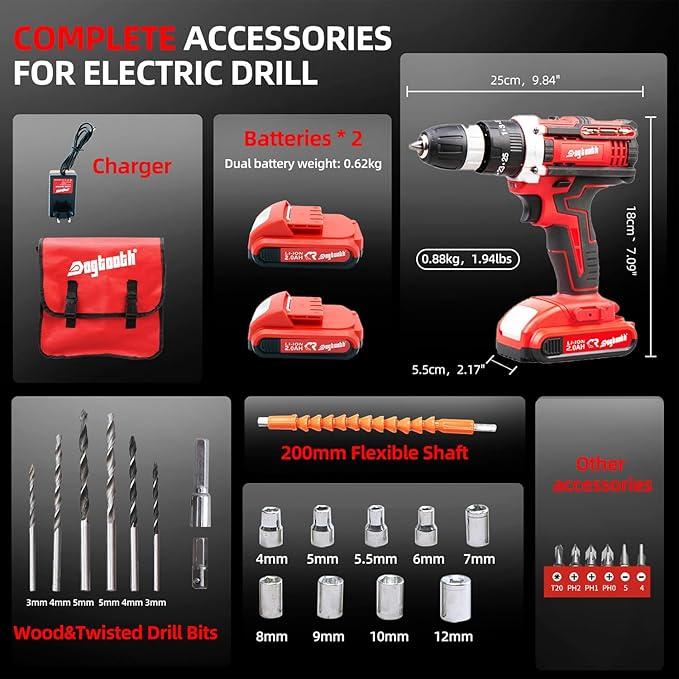 DOGTOOTH 21V MAX Cordless Drill, 1* Battery and Charger, 2 Variable Speed Max 1350 RPM, Build-in LED, 23 Bits, Storage Bag - Red