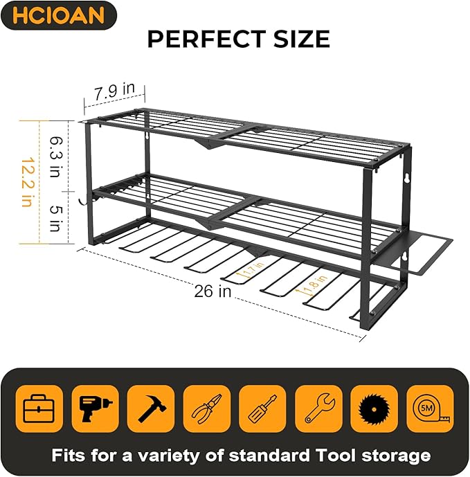 Large Power Tool Organizer Wall Mount, Power Tool Shelf System Battery Storage with 8 Cordless Drill Holder,3 Layers Heavy Duty Metal Loads 450lbs,Utility Racks for Garage Workshop