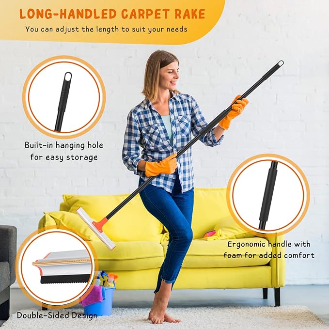 Carpet Rake for Pet Hair Removal, 57'' Long Handle Dog and Cat Hair Remover Tool to Fluff Rug, Stair Carpets and Couch Cleaning Rake