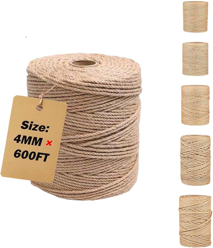 4mm 600 Feet Thick Jute Twine Rope – Heavy Duty Twine for Crafts, Burlap Decorative Rope, Jute Ropes for Crafts, Rope for Hanging Plants, Cat Tree DIY Projects