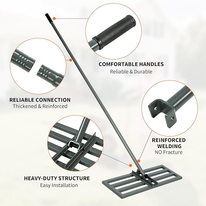 Lawn Leveling Rake,30"x10" Heavy-Duty Steel Lawn Leveler with 84" Anti-Slip Handle, Yard Leveling Rake Perfect for Garden, Backyard, Golf Course, Farm & Landscaping