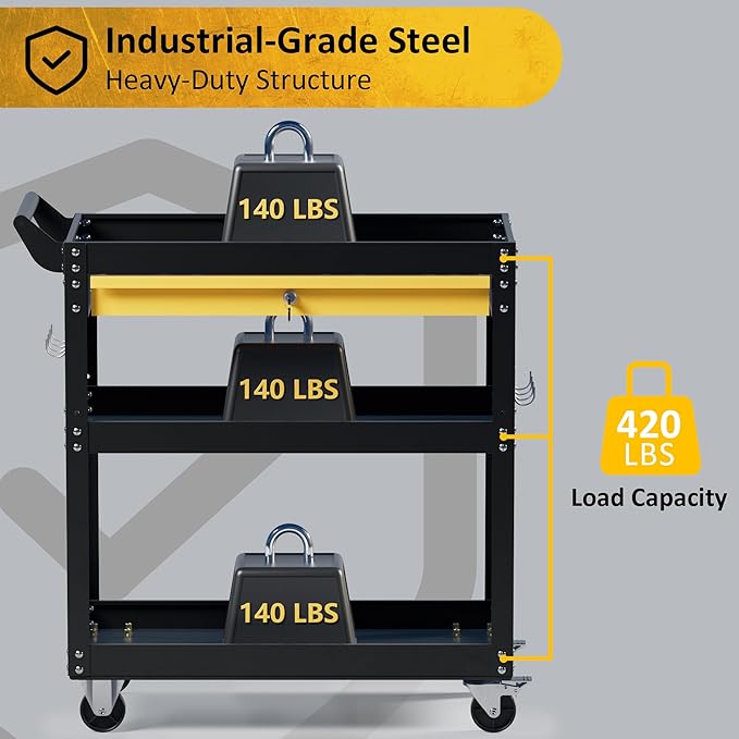 3 Tier Rolling Tool Cart on Wheels, Heavy Duty Utility Cart, Work Cart with Drawers and Pegboards, 440 LBS Loading Capacity Tool Storage Trolley for Mechanic, Garage, Workshop