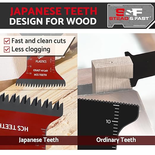 S&F STEAD & FAST 6 PCS Oscillating Tool Blades for Wood, Japanese Teeth Curved Edge, Long Oscillating Saw Blades for Wood, Plastic, Universal Fit for Quick Release