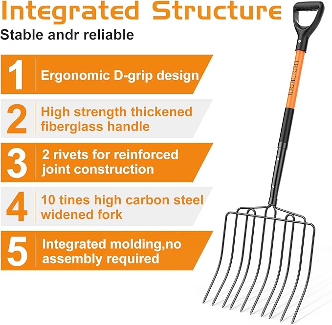 HIGHLIGHT Pitch Fork for Gardening,10 Tines Wide Pitch Fork with Fiberglass Handle, Heavy Duty Pitch Fork for Manure/Bedding/Haystack, 45 Inches