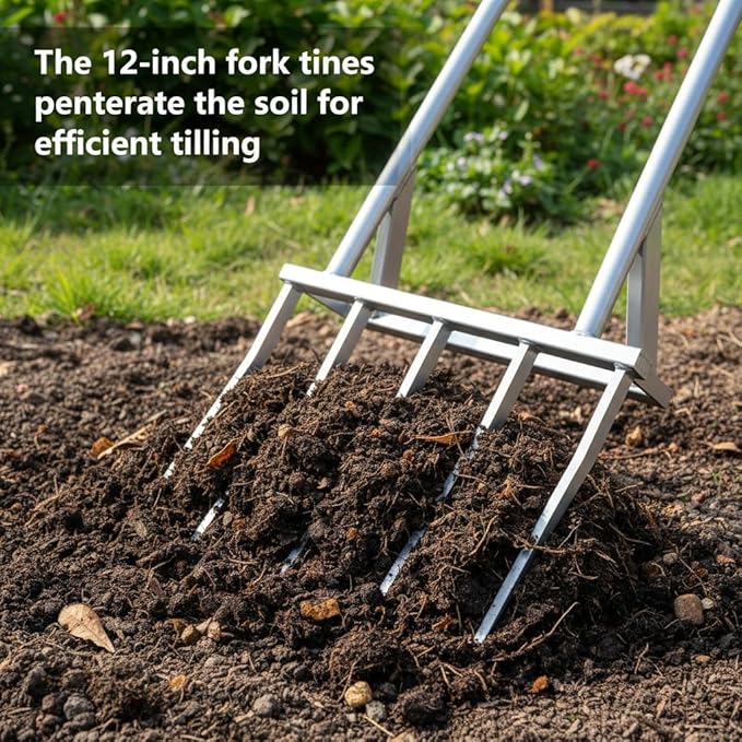 5-Tine Broad Fork Heavy Duty Garden Fork Built Tough for Lasting Durability Loosen and Aerate Clay Soil on Farms and in Home Gardens