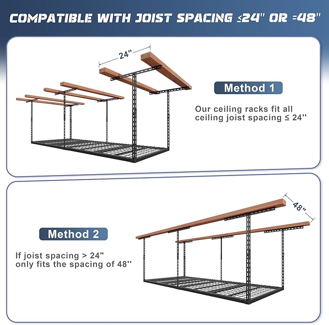 3X8FT Overhead Garage Storage Rack, 22"-48" Height Adjustable Garage Ceiling Storage Racks, Heavy Duty Metal Garage Storage Organizer System, 600LBS Weight Capacity