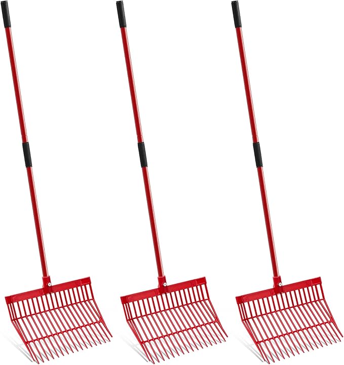 Lasnten 3 Sets Manure Fork with Long Metal Handle Pitch Fork Manure Rake Heavy Duty Muck Rake for Gardening Horse Stall Stable Grass Hay Cleaning Farm Work(Red)