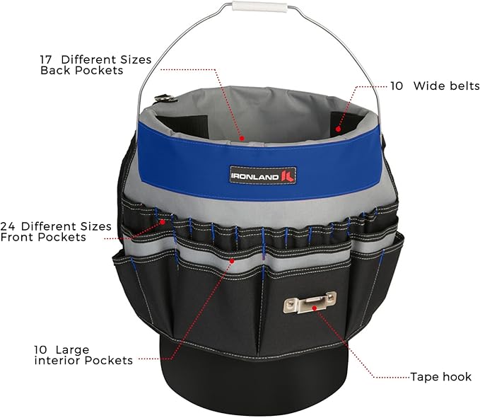 IRONLAND Bucket Tool Organizer Fit 3.5-5 Gallon Bucket, 51 Pockets, Bucket Tool Caddy Organization for Garden, Construction, Carpenter, Electrician, Builder Blue & Black