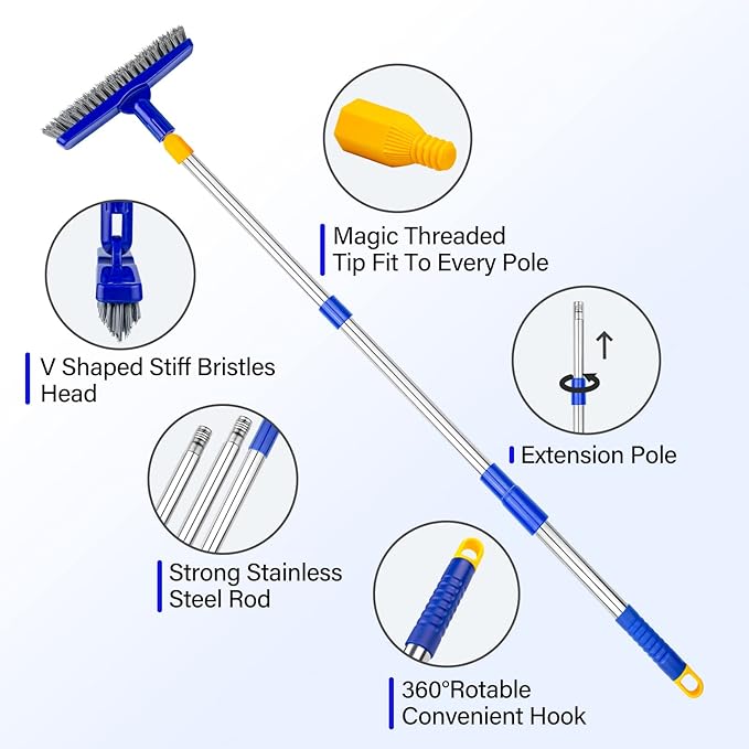 ITTAR Grout Brush with Long Adjustable Handle, Swivel Scrub Brush, V-Shape Grout Line Scrubber with Stiff Bristle for Deep Cleaning Tile Grout, Shower, Kitchen, Hard-to-Reach Corners