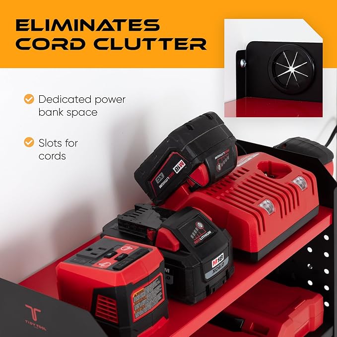 Power Tool Organizer - Wall Mount Storage for Garage Organizes 4 Cordless Drills & Tools - Heavy Duty Rack w Pegboard Sides Shelves & Hooks - Neatly Holds Screwdrivers & Drill Bits RED/BLACK