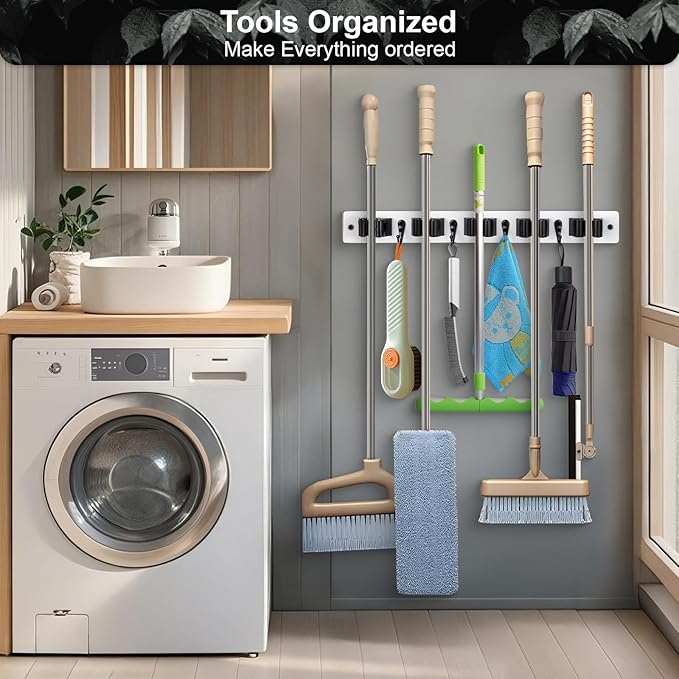 Broom Holder Wall Mount With 5 Slots & 4 Hooks,Rustic Wood Broom & Mop Hanger,Wall Mounted Garden & Garage Tool Storage Organizer Rack for Closet Laundry Room or Kitchen Wall Decor White