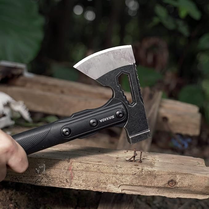 SULKADA Camping Hatchet, 10.5 Inch Survival Axe,Stainless-Steel Blade,Fiberglass Shock Reduction Handle with Anti-Slip Grip, for Chopping Wood,Gardening and Outdoor Survival,Gift for Dad Men